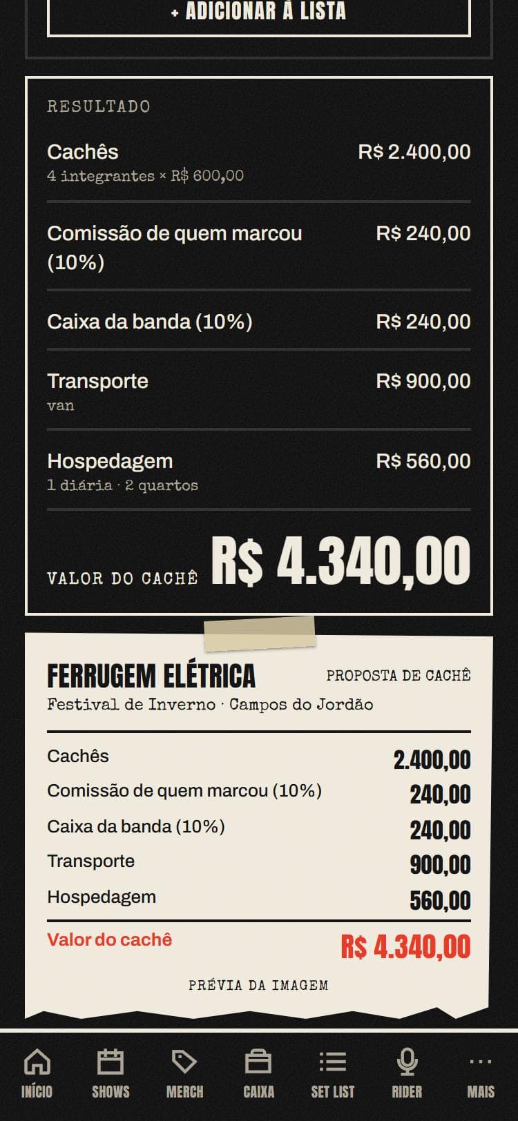 Calculadora de cachê com o valor da proposta e a imagem para compartilhar
