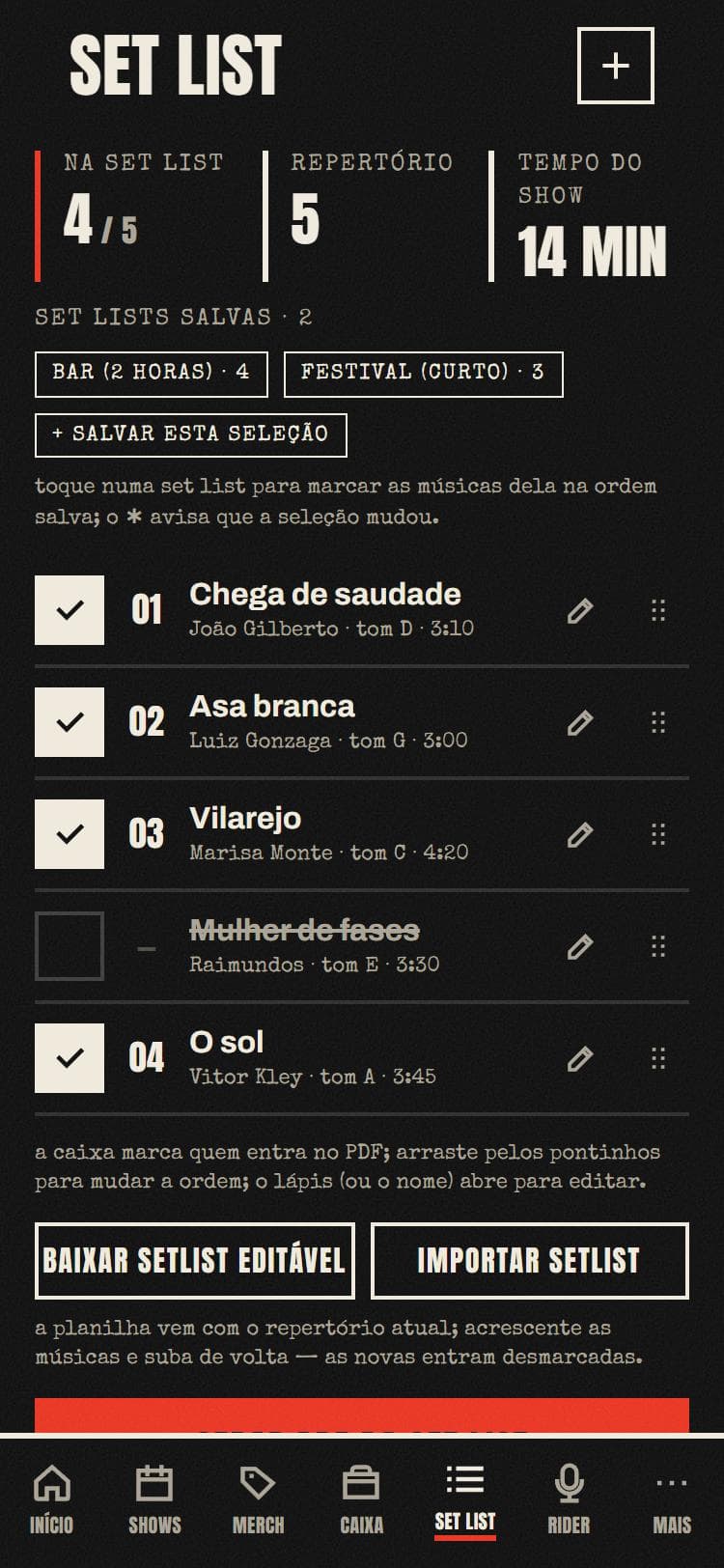 Set list com as músicas marcadas, tom e duração