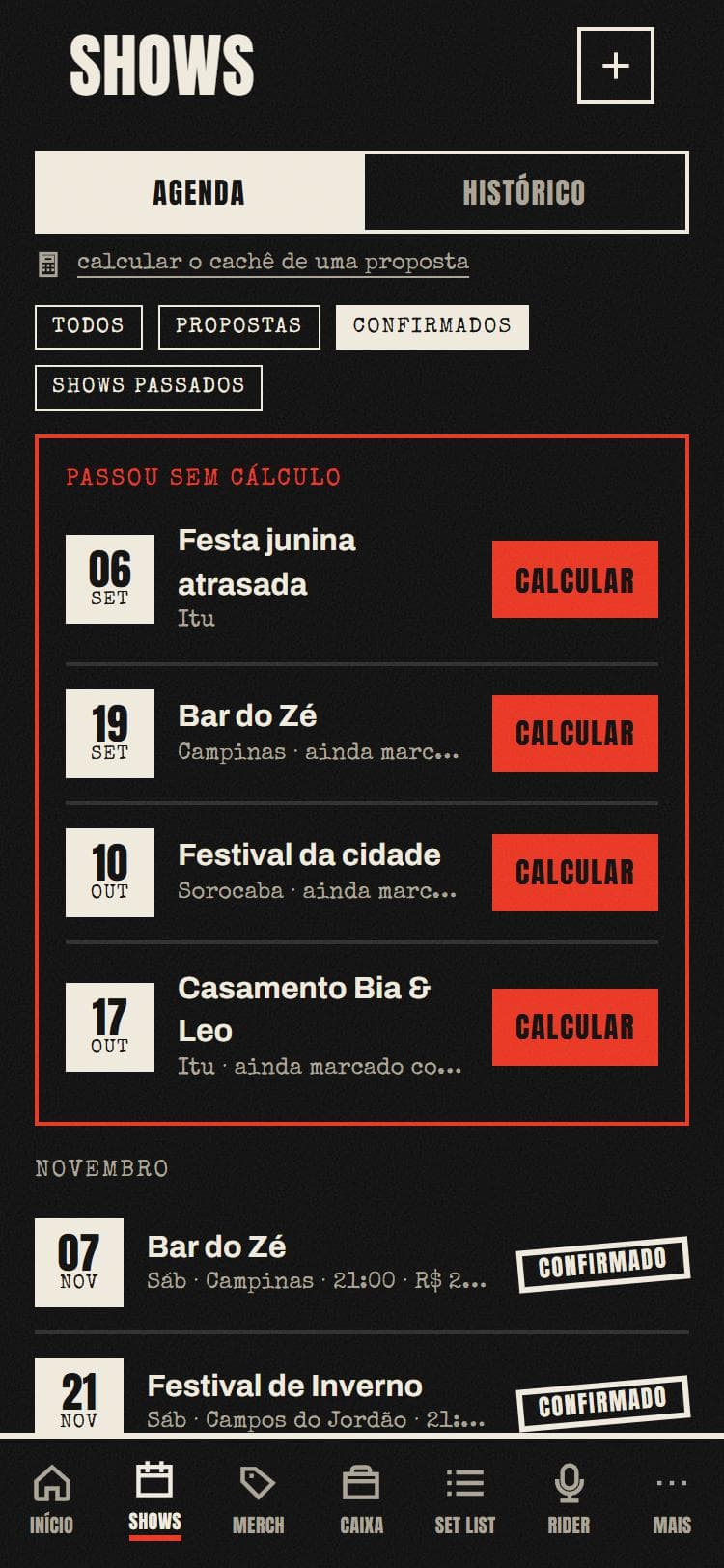 Agenda de shows com as propostas e os shows confirmados